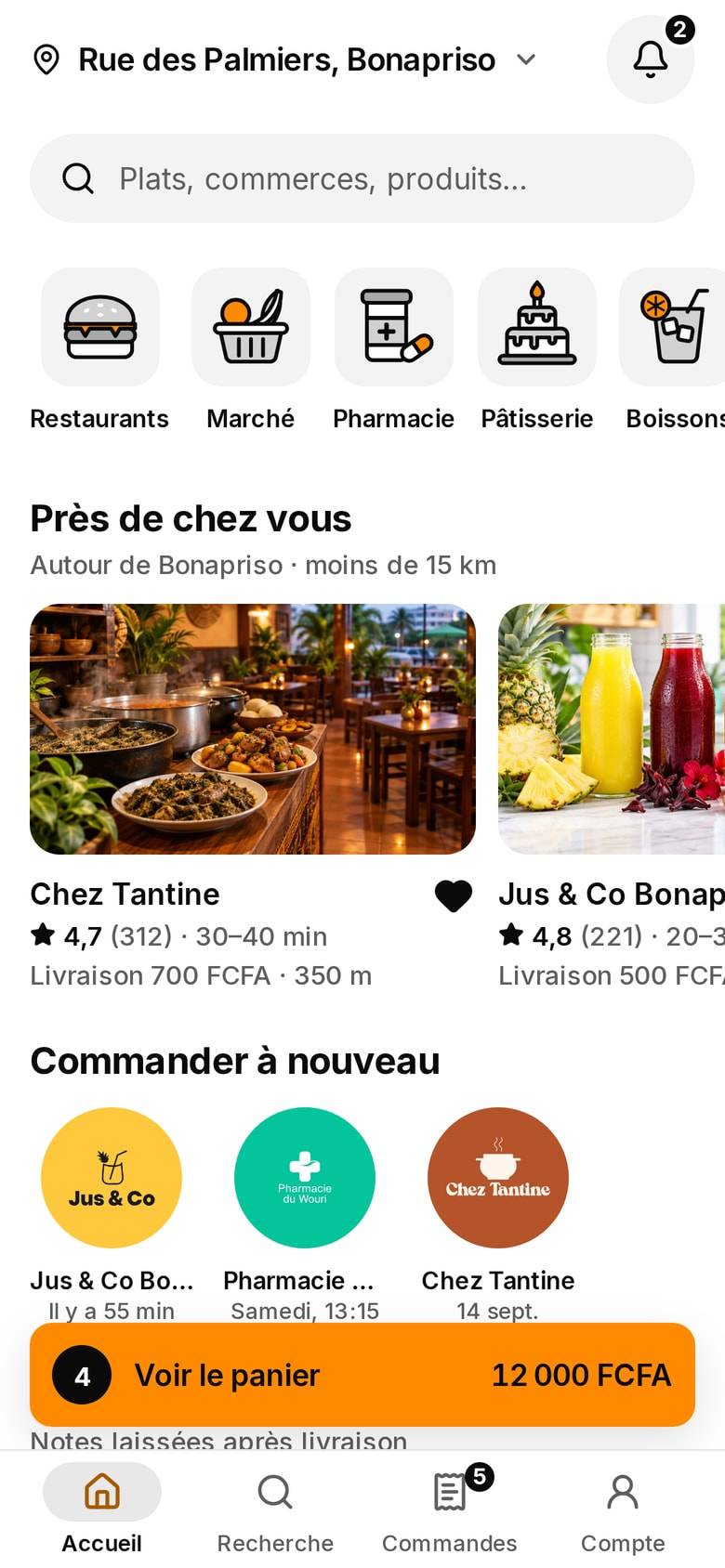 Accueil de l’application Maakit : adresse de livraison, recherche, catégories (restaurants, marché, pharmacie, pâtisserie) et commerces près de chez vous, dont Chez Tantine.