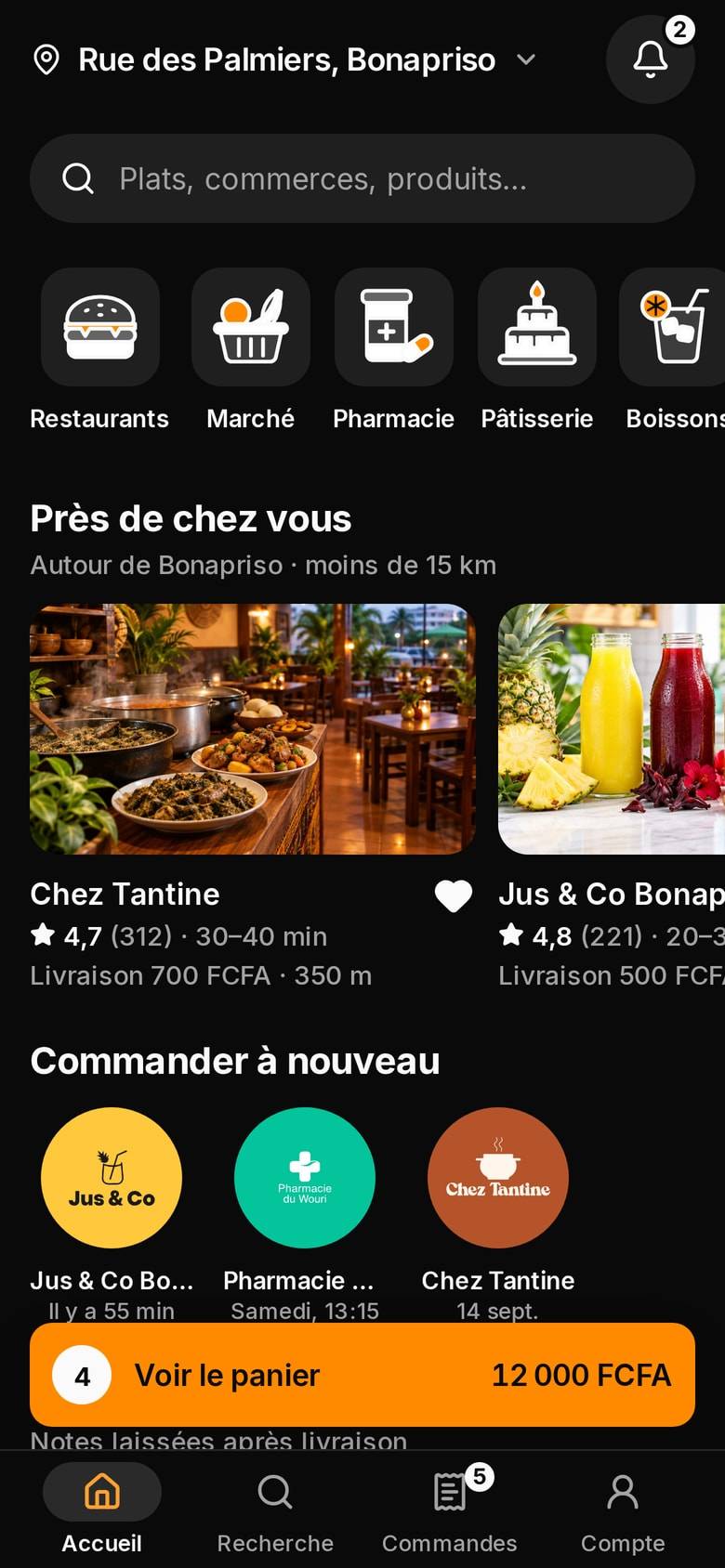 Accueil de l’application Maakit : adresse de livraison, recherche, catégories (restaurants, marché, pharmacie, pâtisserie) et commerces près de chez vous, dont Chez Tantine.