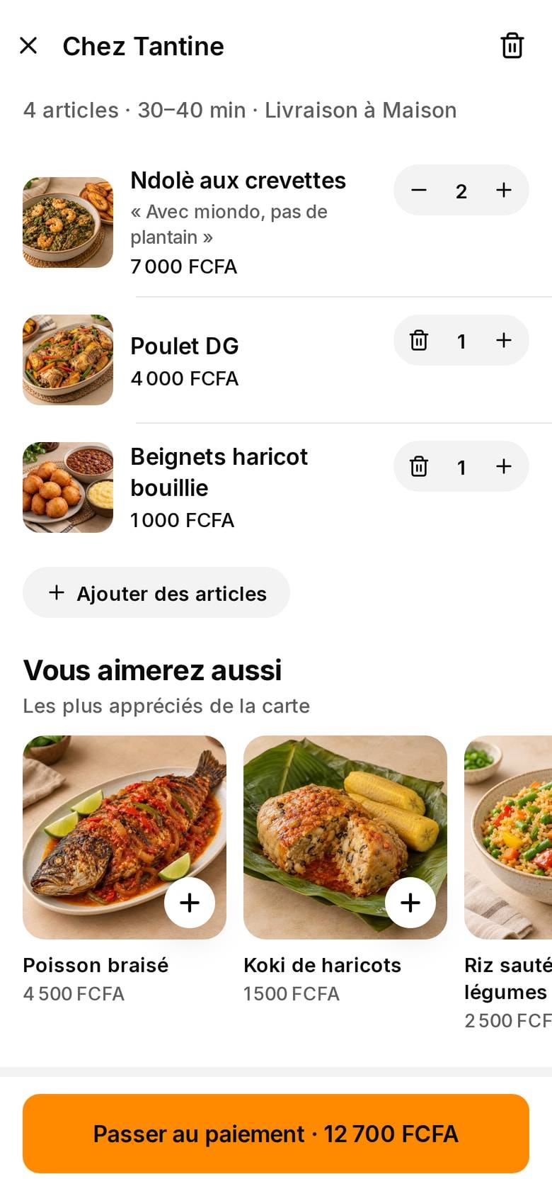 Panier chez Chez Tantine : ndolè aux crevettes, poulet DG et beignets haricot bouillie avec leurs prix, et le bouton « Passer au paiement · 12 700 FCFA ».