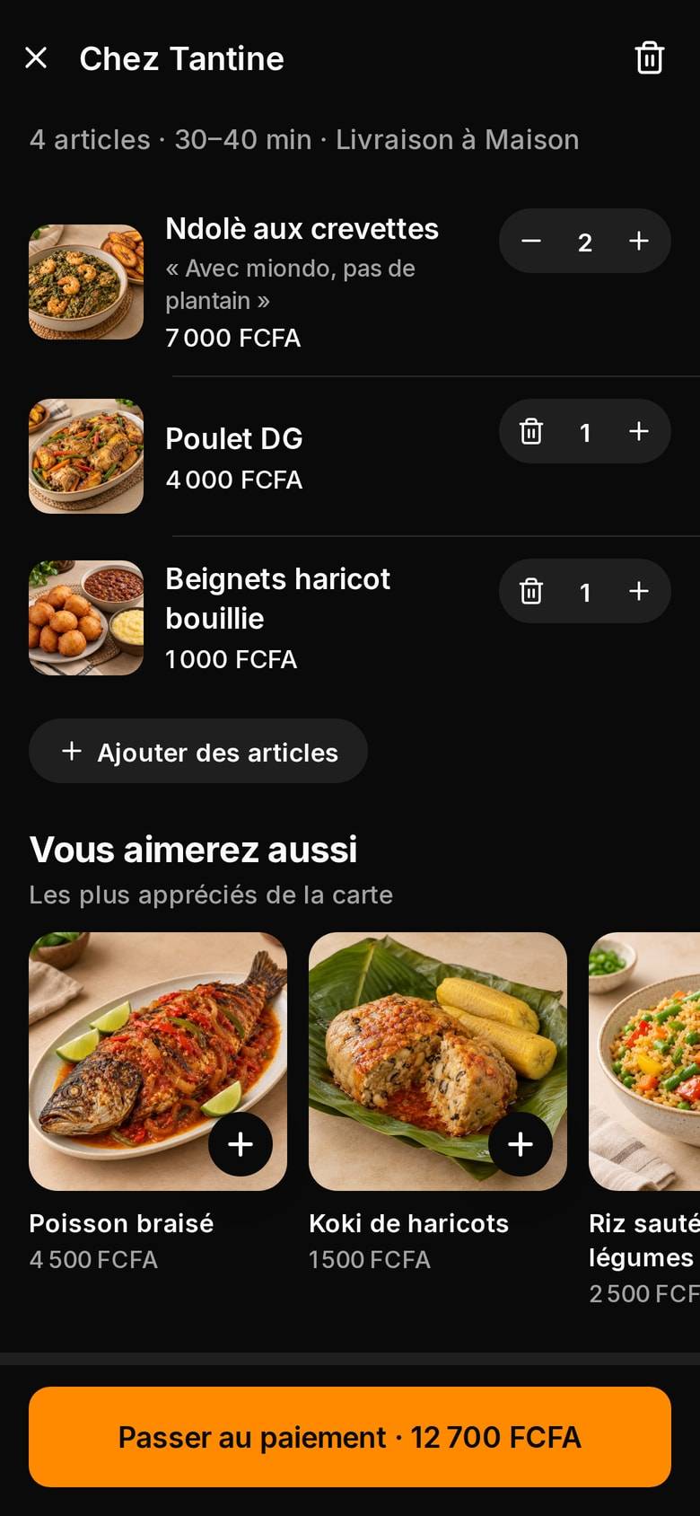 Panier chez Chez Tantine : ndolè aux crevettes, poulet DG et beignets haricot bouillie avec leurs prix, et le bouton « Passer au paiement · 12 700 FCFA ».