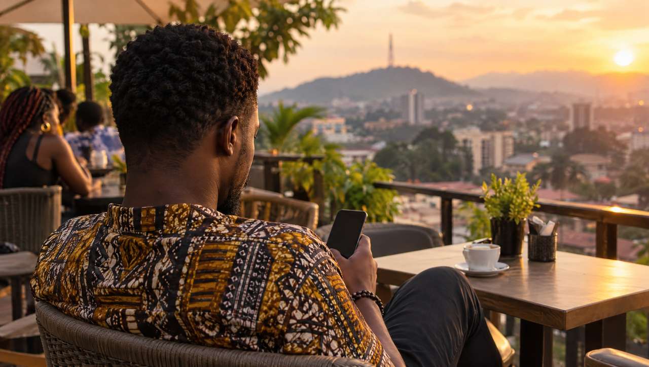 Un homme consulte son téléphone sur une terrasse qui domine une ville vallonnée au coucher du soleil.