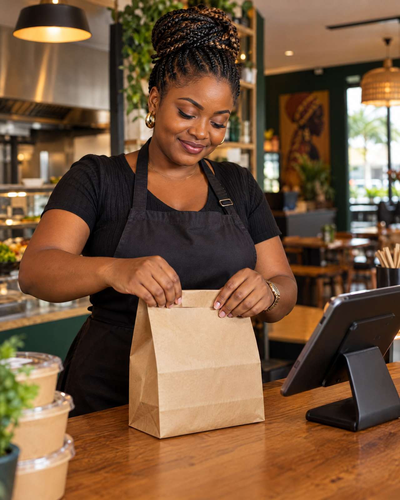 Une restauratrice ferme un sac à emporter derrière son comptoir, une tablette de commande à côté d’elle.