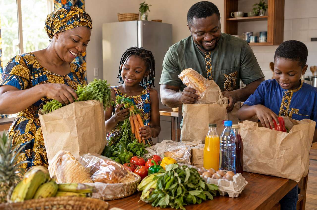 Une famille déballe en riant des sacs de courses sur la table de la cuisine : légumes, pain, fruits et jus.