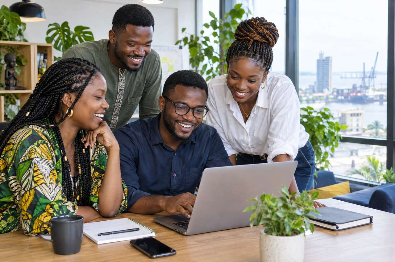 Quatre membres de l’équipe travaillent ensemble, souriants, autour d’un ordinateur portable dans un bureau lumineux avec vue sur le port.