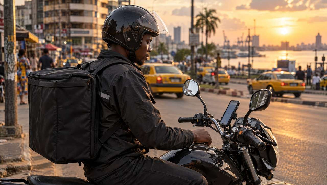 Un livreur Maakit à moto, sac isotherme sur le dos, sur un boulevard de Douala au coucher du soleil, entre les taxis jaunes.
