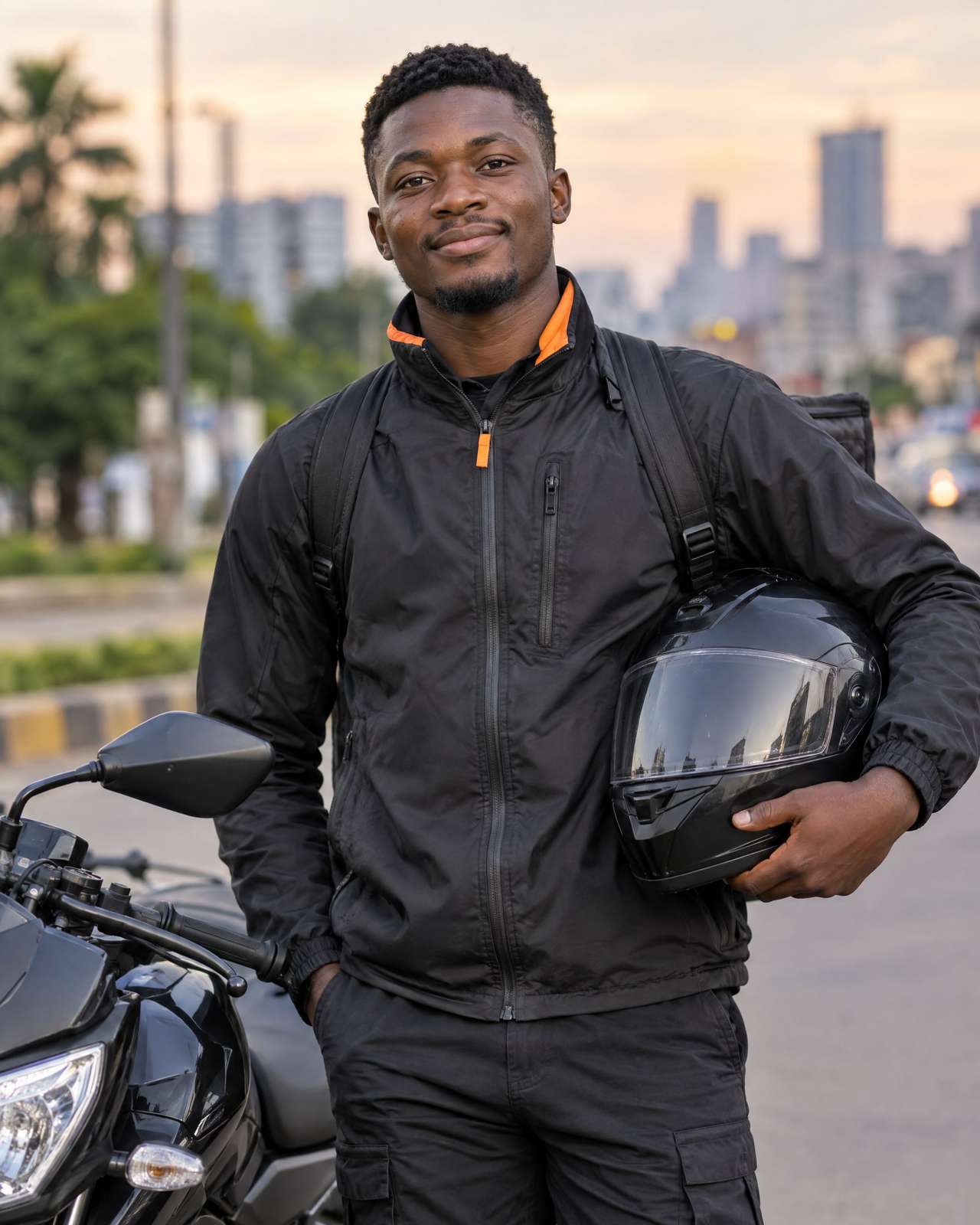 Un livreur souriant, casque sous le bras, pose à côté de sa moto dans une rue de Douala.