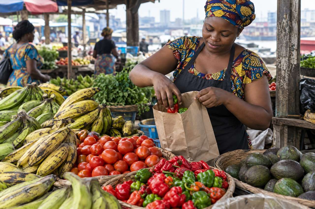 Une commerçante prépare une commande à son étal de fruits et légumes.