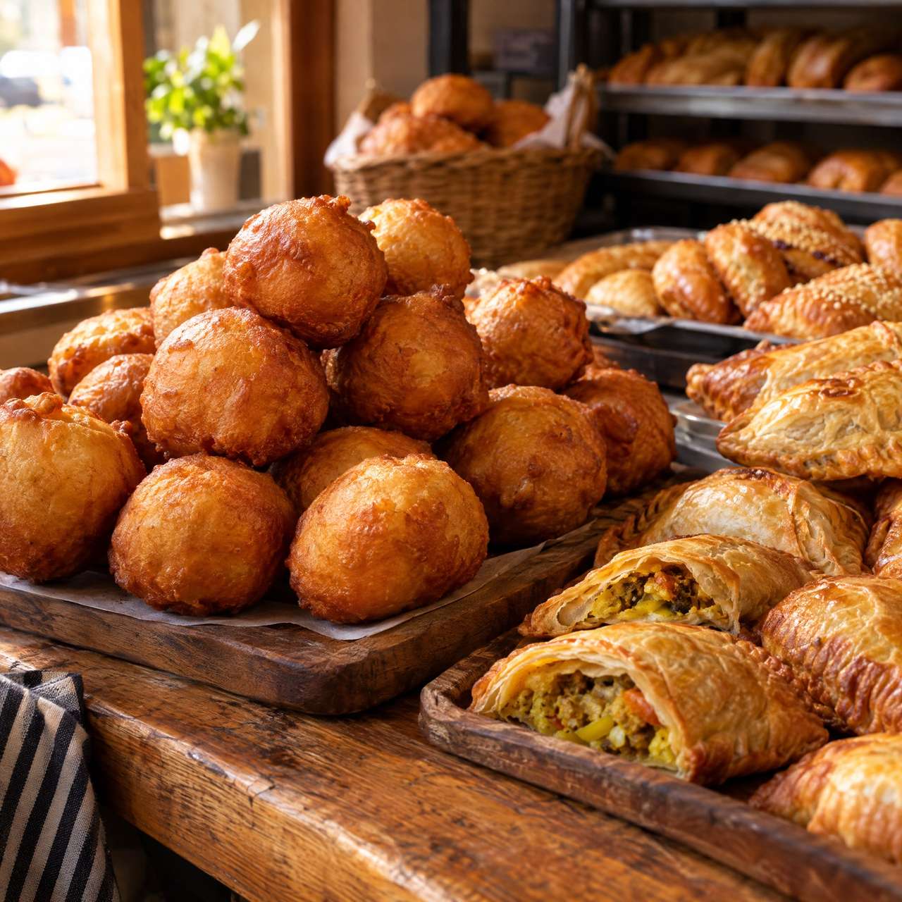 Des beignets dorés et des chaussons sur des plateaux en bois.