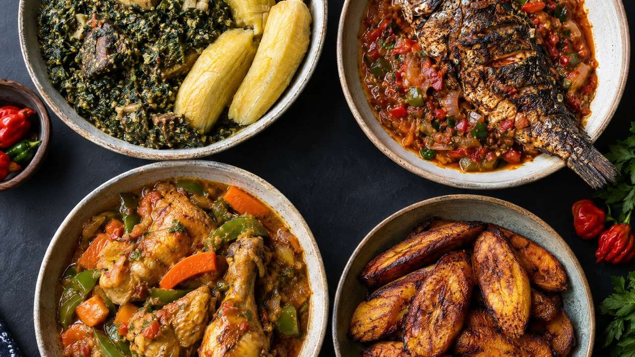 Vue du dessus de plats camerounais : légumes verts et plantains, poisson braisé à la sauce tomate, poulet en sauce et plantains frits.