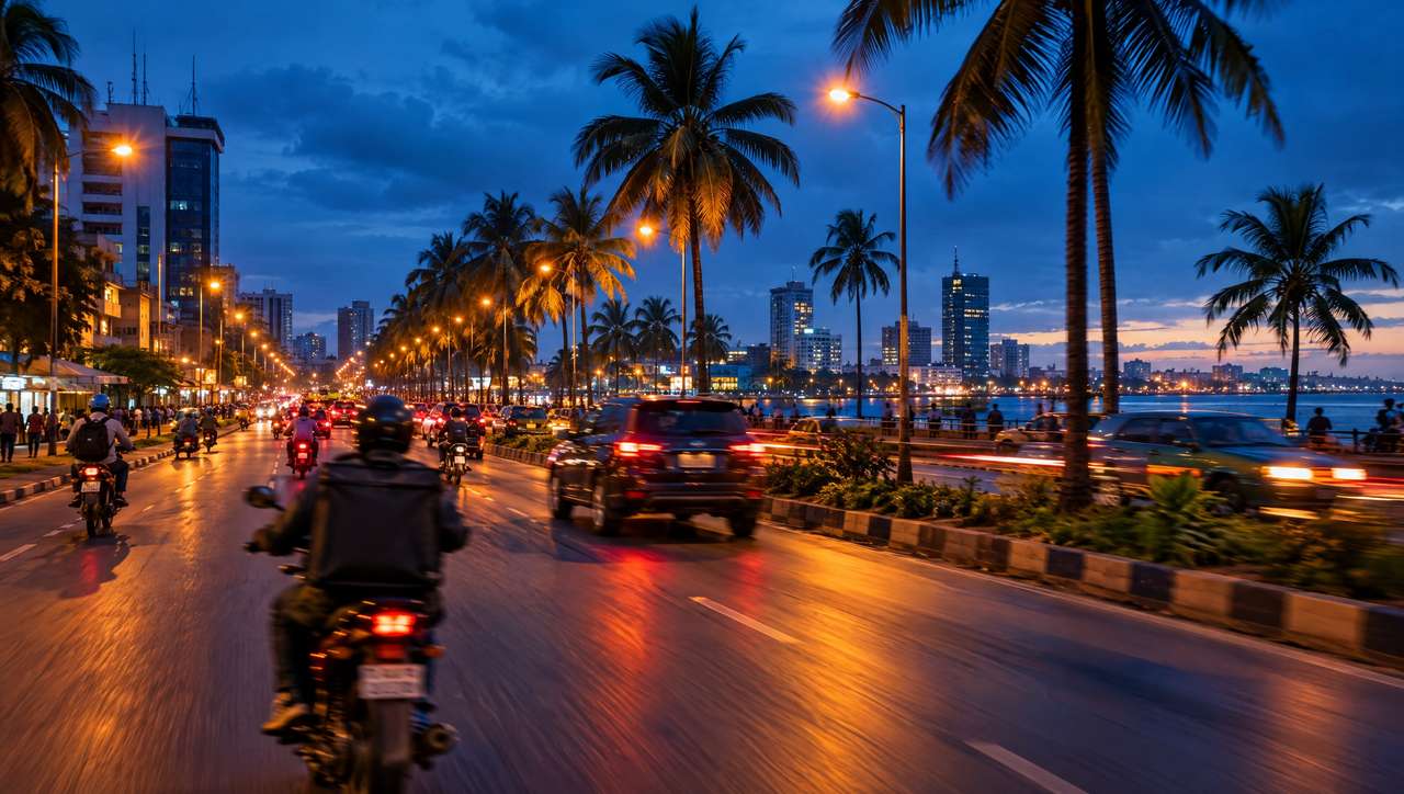 Un boulevard bordé de palmiers à Douala à l’heure bleue, un livreur à moto au milieu de la circulation.